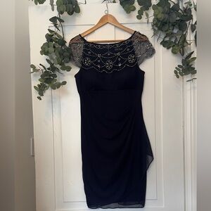 Cocktail Sleeve Beaded Sheath Dress - NAVY ANTIQUE 10